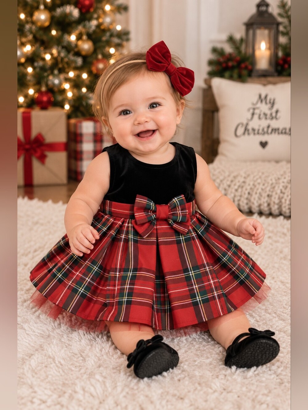 The Children's Place Baby Girl Christmas Plaid Velvet Dress 6-9 Months